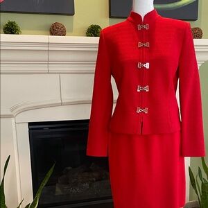 St. John Collection Vibrant Red Suit with Elegant Clasps